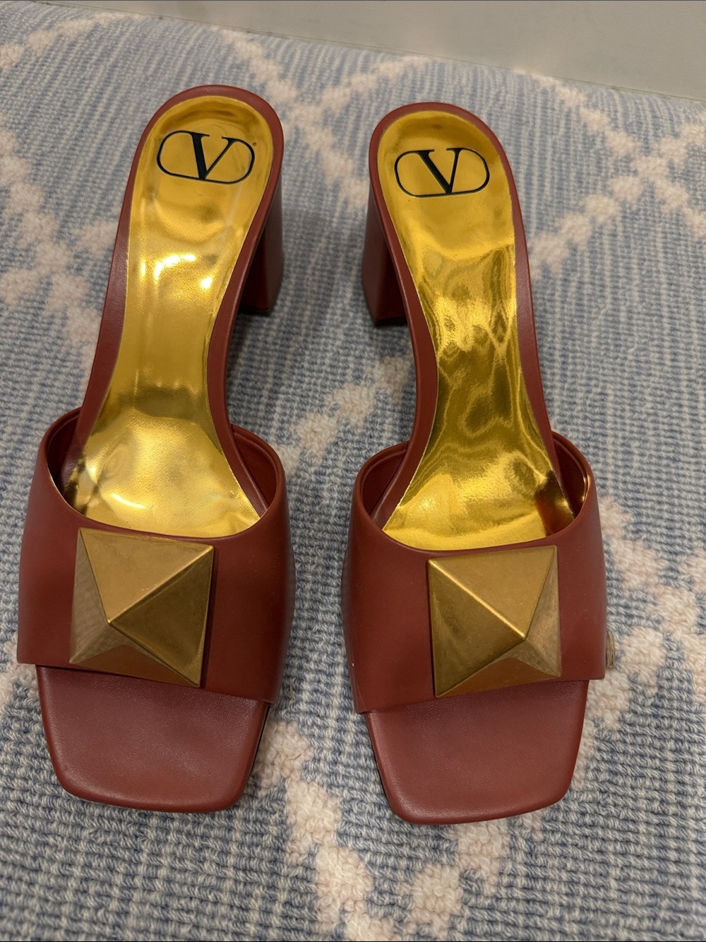 Valentino Red Leather Block Heel Mule with Gold Pyramid Accent